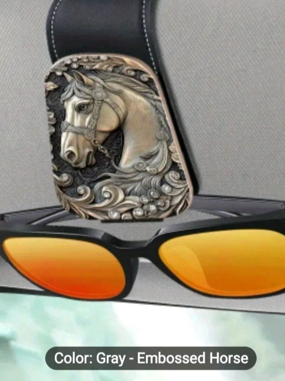 Elegant Leather Embossed Relief Equestrian Horse Head Sun Visor Clip/Card Holder